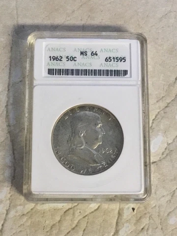 1952 50C Franklin Half Dollar ANACS Graded MS 64 Rim Toner - US Silver Coin Cover