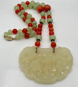 Antique Sterling Silver Chinese Celadon Jade Lock / Carnelian Bead Necklace - Picture 1 of 9
