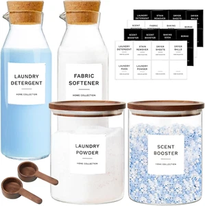 Glass Laundry Storage Containers Set, 4 Pack Liquid Detergent Dispenser with Cor - Picture 1 of 7