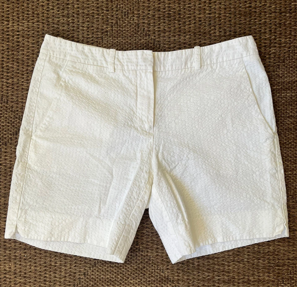 Pantalones Cortos Chinos Para Mujer THEORY Marfil Seersucker Algodón Frente Plano Talla 4 Foto 1 de 4