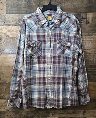 Мужская рубашка на пуговицах размер XL с длинным рукавом Y2K клетчатая графическая опрятная вестерн винтаж - Изображение 1 из 4