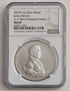 2019 1OZ SILVER MEDAL JAMES MONROE U.S. MINT PRESIDENTAIL SERIES NGC MS69 SKU035 - Picture 1 of 2