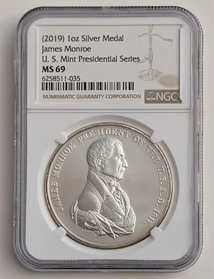 2019 1OZ SILVER MEDAL JAMES MONROE U.S. MINT PRESIDENTAIL SERIES NGC MS69 SKU035 - Image 1 of 2