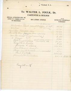 Factura de carpintero y constructor Vineland NJ 1918 - Walter L. Foulk, billete escrito a mano - Imagen 1 de 2