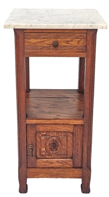 Antique 1920s French Oak Nightstand Carved Grape Design with White Marble Top - Image 1 of 4