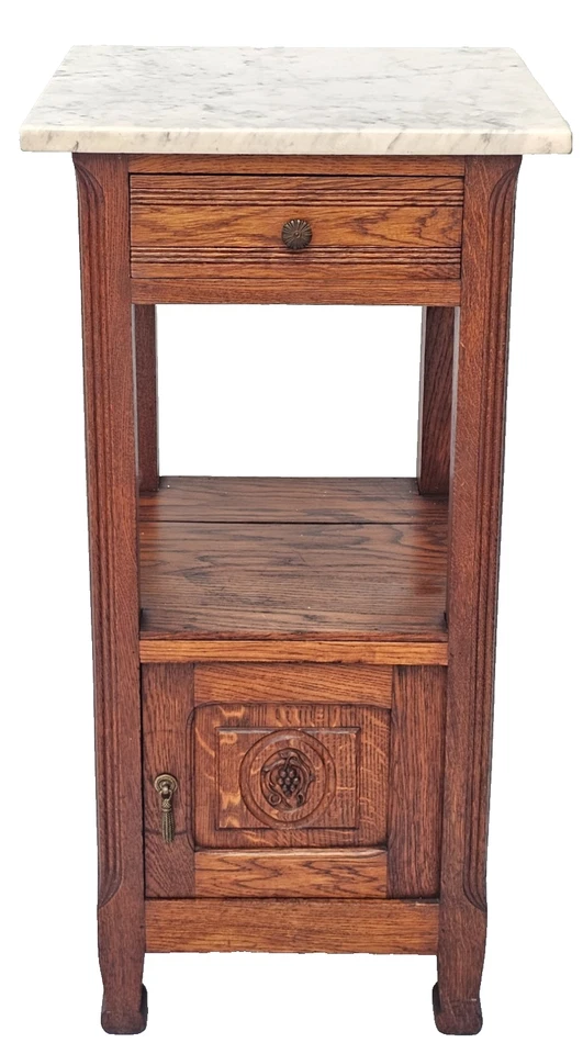 Antique 1920s French Oak Nightstand Carved Grape Design with White Marble Top - Image 1 of 4