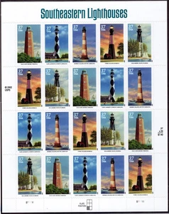 SFSTAMPS US Scott 3787-3791 Southeastern Lighthouses Sheet of 20 Stamps MNH 2003 - Picture 1 of 1