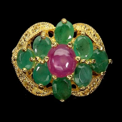 Anillo de plata de ley 925 redondo rubí esmeralda zafiro piedras preciosas joyería talla 7 Foto 1 de 4