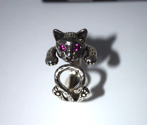 Adjustable Cat Wrap Ring – Silver Tone & Pink Gem Eyes – Animal Jewellery Gift - Picture 1 of 5