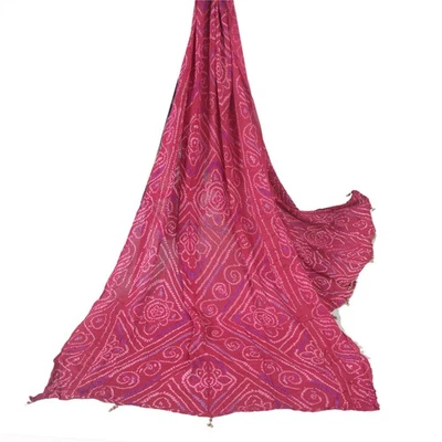 Sánscrito Vintage Largo Dupatta Ho Rosa Estola Bandhani Trabajo Pura Seda Velo Hijab Foto 1 de 4