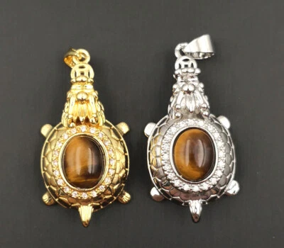 Genuino Ojo de Tigre Jade Dragón Tortuga Moneda 18KGP Estrás Colgante Collar Foto 1 de 4