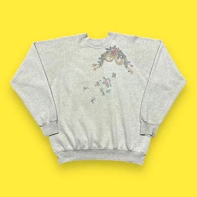 Sudadera Pullover Cuello Redondo Hecha a Mano Arte Años 80 90 Gris Desteñido XL De Colección Años 80 Foto 1 de 4