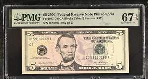 2006 $5 Federal Reserve Note Fr-1993-C Philadelphia PMG67 Superb Gem EPQ - Picture 1 of 2