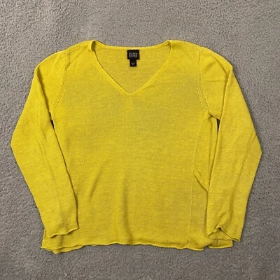 Suéter Eileen Fisher Mujer Mediano Lino Tejido Abierto Cuello en V Pullover Mostaza Foto 1 de 4