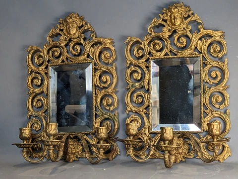 Pair 19th Century Rococo Girandol Triple Sconce Mirrors Gilded Bronze Unrestored Cover