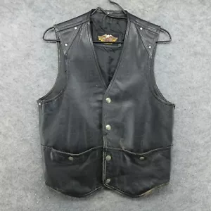VTG Harley Davidson Vest Mens Medium Black Leather Snap Buckle Back Distressed - Picture 1 of 24