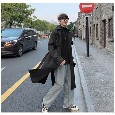 Men Long Trench Coat Double-breasted Loose Outwear Overcoat Button Up with Belt - Image 1 of 4