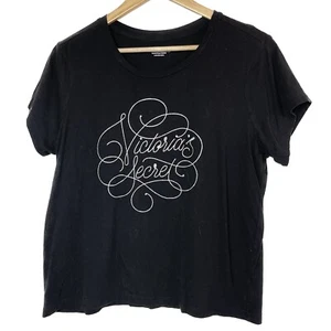 Victorias Secret L Sequin Spell Out Tee Black T-Shirt Top Silver Letters Classic - Picture 1 of 5