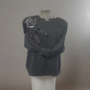 80s VTG Sweater Black Rose Fur Leather Y2K Halloween Event goth Sz 42 Halloween - Picture 1 of 8