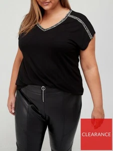 V by Very Curve Short Sleeve V Neck Embellished Trim T-Shirt - Black - Picture 1 of 4