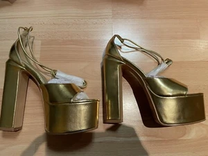 Ego Platform Verony Lace Up Open Peep Toe Gold Block High Heels Shoes Size UK 5 - Picture 1 of 6