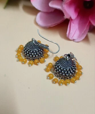 Pendiente amarillo étnico oxidado pendiente indio tribal hecho a mano pendiente jhumka Foto 1 de 2