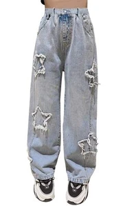 Womens Wide Leg Jeans Elastic Waist Denim Pants Baggy Jeans for Womens4#Star ... - Picture 1 of 6