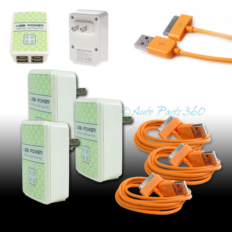 3X 4 USB PORT WALL ADAPTER+6FT CABLE POWER CHARGER ORANGE FOR IPHONE IPOD IPAD - Image 1 of 1