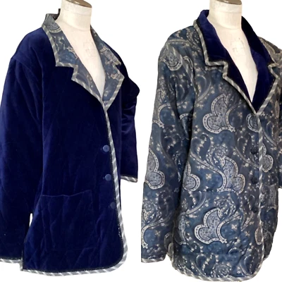 Koos Reversible Jacket Plus Sz 1X Quilted Velvet/Paisley Blue Pockets 166N - Image 1 of 4
