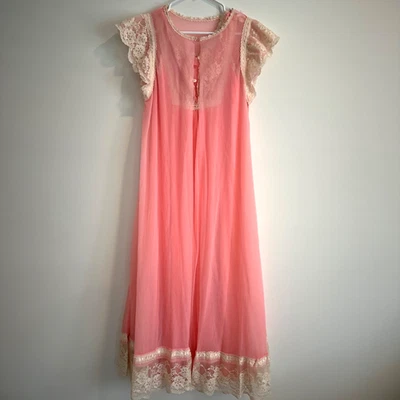Gilead Pink Chiffon & Lace Nightgown and Robe Negligee Set Women's Small Vintage - Image 1 of 4