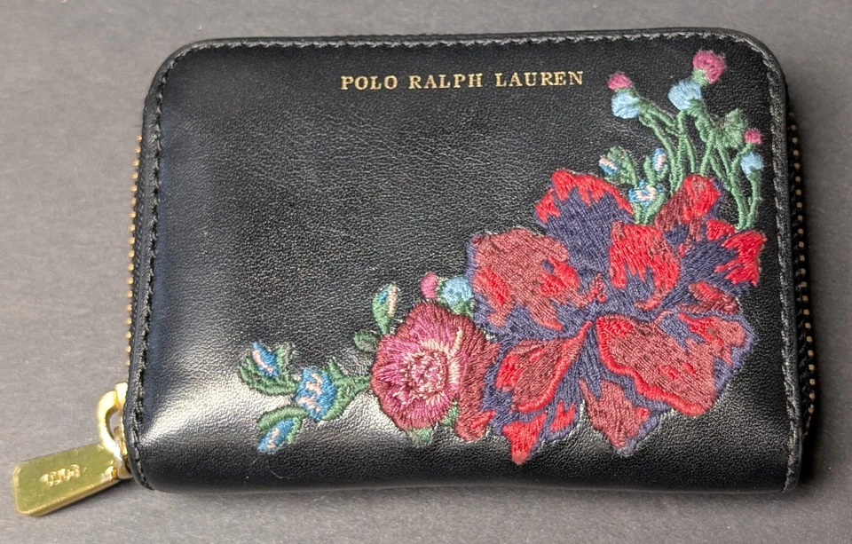 Hermosa Cartera Polo Ralph Lauren Negra con Cremallera Alrededor Cuero Bordado Floral Foto 1 de 4
