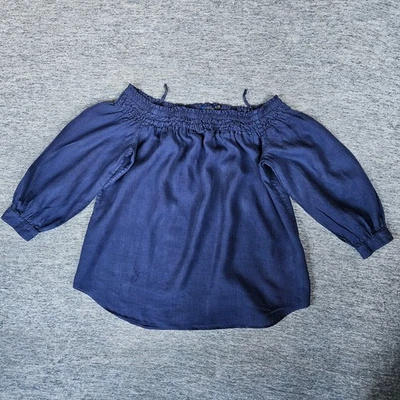 Polo Ralph Lauren Top Mujer Talla XL Azul Marino Fuera del Hombro Lino Camisa Campesina Foto 1 de 4