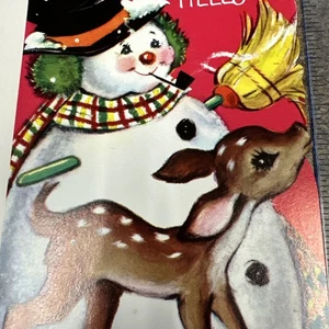 Vintage Weihnachtskarte UNBENUTZT Schneemann Rehkitz Pfeife rauchen Paramount mit Umschlag - Bild 1 von 6