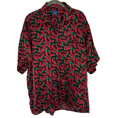 Vintage Y2K Shirt Cambridge Mens Medium Silk Red Chili Peppers Button Down Indie - Image 1 of 4