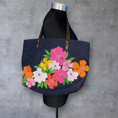 Tommy Bahama Women's Purse Navy Blue Embroidered Floral Tote Bag Beach Travel - Image 1 of 4