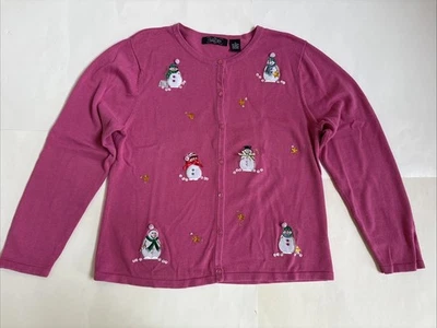 Дамы кристалл Кобе розовый Appliqué снеговиков кардиган свитер размер XL - Изображение 1 из 4