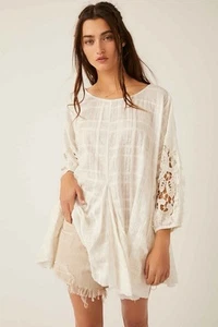 Free People White Shores Tunic Size Medium Lace Quarter Sleeves - Picture 1 of 7