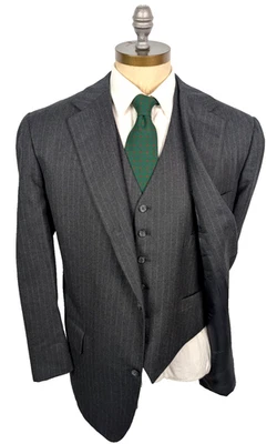 BROOKS BROTHERS Vtg 3 Piece 3 Roll 2 Flannel Gray Stripe Suit Flat Front Pants - Image 1 of 4