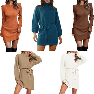 Pullover Kleid Gürtel Strick Grobstrick Mini Oversize Rollkragen Bodycon oder Baggy L XL - Bild 1 von 21