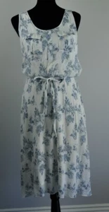 J Glee Women M Sleeveless Elastic Waist Summer Dress White Blue Flowers Tie Belt - Picture 1 of 8