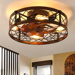 20" Farmhouse Caged Ceiling Fan Light Flush Mount Lights kit With Remote Control - Picture 1 of 12