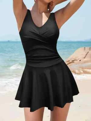 Traje de baño negro de una pieza con cintura acanalada para mujer vestido de vacaciones crucero talla L Foto 1 de 4