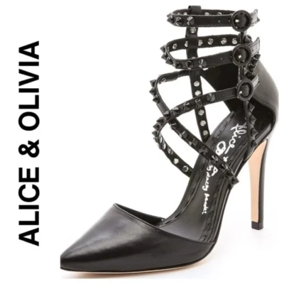 ALICE + OLIVIA DRIXA Black Leather Studded Strapped Pump - Image 1 of 4