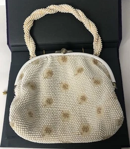 50s Vintage Lumured Corde Bead White Flowers REVERSIBLE Purse Handbag Wedding - Picture 1 of 12