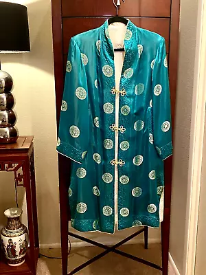 Vintage Chinese 40" Long Jacket Teal/Ivory Reversible Medallion Print Size M - Image 1 of 4