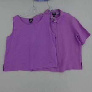 Eileen Fisher Irish Linen Button Up Shirt Tank Top Set Womens XS/S Purple
