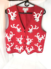 Womens Size Lg Cardigan Vest Red Whimsical Laughing Rein Deer "Sara Studio"