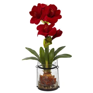 2' TALL RED AMARYLLIS ARTIFICIAL SILK FAKE FLOWER ARRANGEMENT w/ GLASS VASE - Picture 1 of 4