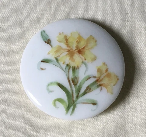 Royal Copenhagen porcelain floral button, yellow carnations 1890s antique EXC Cover