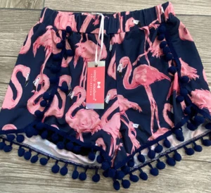 Simply Southern Girls Shorts Navy Blue With Pink Flamingos Pom Poms Size Small - Picture 1 of 3